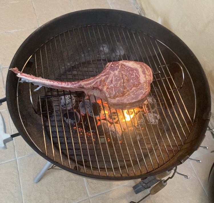 Time to put in  the wireless smart MEATER thermometer seen here on the Weber Grill and Wagru Steak