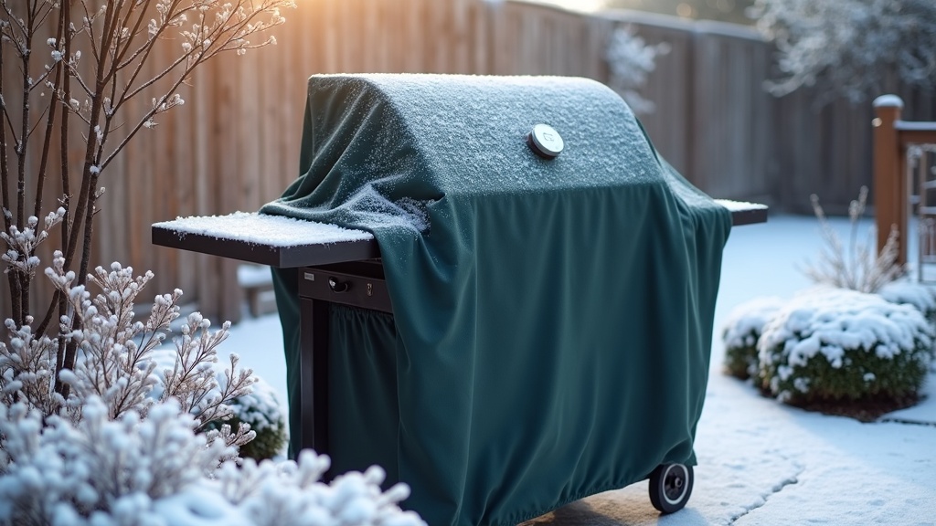 A clean BBQ grill covered and protected from snow in a backyard winter scene.